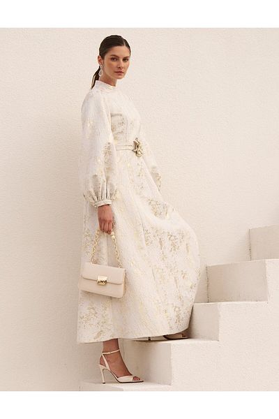 Kayra Balloon Sleeve Jacquard Stylish Dress Ecru