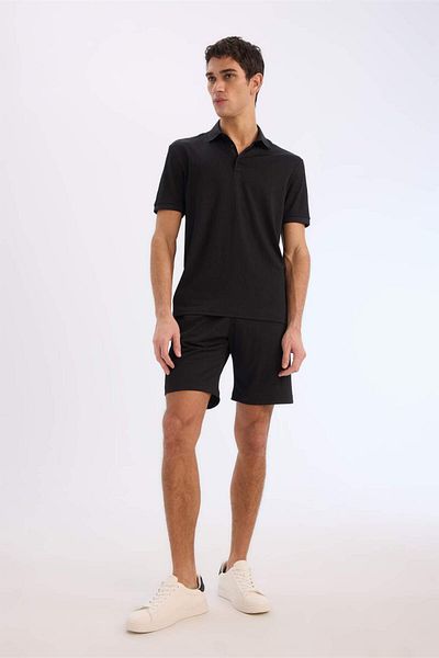 DeFacto Slim Fit Slim Fit Polo γιακά με υφή κοντομάνικο τσαλακωμένο μαύρο μπλουζάκι E1222ax25sm