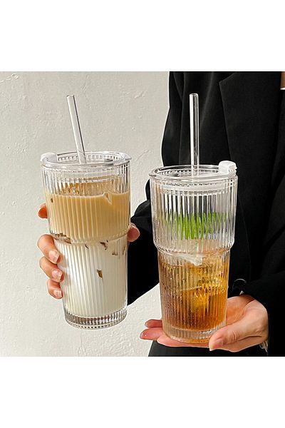 Choice 600ml 600ml 2pcs 600ml Stripe Glass Coffee Cup With Lid And Straw Transparent Drinking Glasses For J