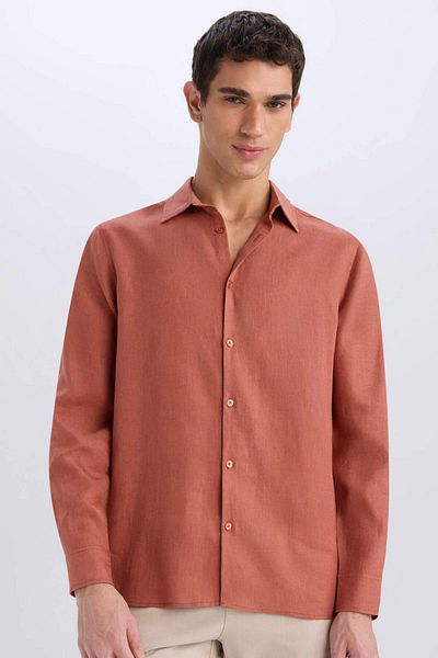 DeFacto 100% Linen Regular Fit Polo Neck Summer Basic Plain Long Sleeve Shirt C1825Ax25Sm