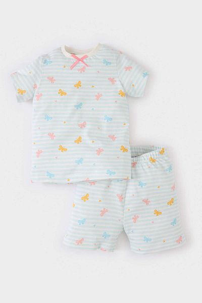 DeFacto Set de pijamale pentru fetiță, cu imprimeu de fluturi, cu mânecă scurtă, din bumbac pieptănat, cu pantaloni scurți cu talie elastică E1550A525HS