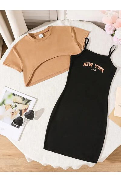 DLRboutique Cotton New York Print Top Light Brown Crop - Bottom Black Dress