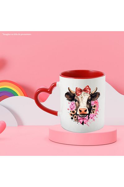 StoryGift Romania Mug with a cow with a bow on her head, flowers around, roses, Valentine's Day, illu, With ,STG