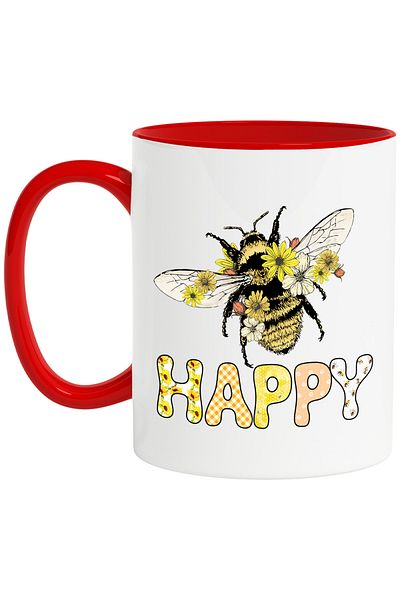 StoryGift Romania Mug with the message "Happy", illustration, motivational, happiness, joy, bee, fl, With ,STG