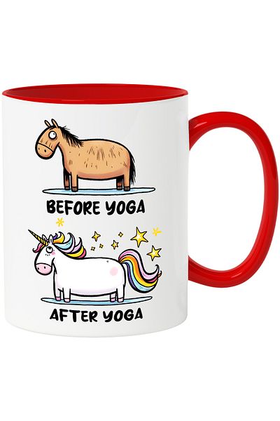 StoryGift Romania Mug with a horse that turns into a unicorn with the message "Before Yoga/ After Yoga, With ,STG