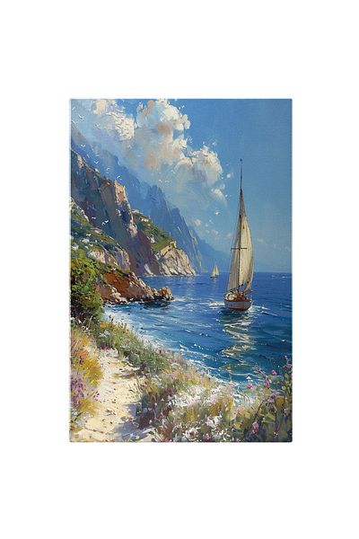 StoryGift Romania Tablou Canvas Peisaj Linistitor Cu Marea Albastra Pe Care Se Plimba Barcile Si Stancile Mari C