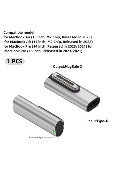 Choice 1 × محول من النوع C أنثى إلى Magsafe 3 بمصباح مؤشر للكمبيوتر المحمول بمنفذ USB-C مغناطيسي
