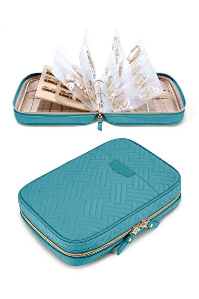 Choice حقيبة تنظيم مجوهرات للسفر بلون أزرق مخضر، شفافة لتخزين المجوهرات، مزودة بحلقات، وحقيبة لحفظ القلائد