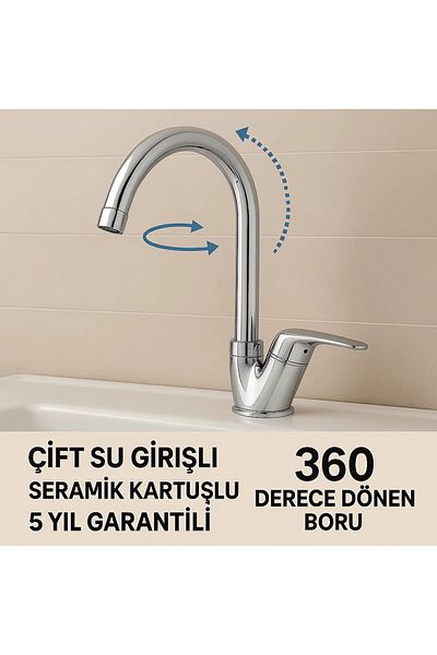 Sardıcı Kitchen Sink Faucet Guaranteed Double Water Inlet 360 Degree Rotating Top Pipe