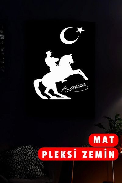 Angels Passion Ataturk Silhouette on Horse with Reflector Detail, Moon Star and Atatürk Signature Matte Wall Painting