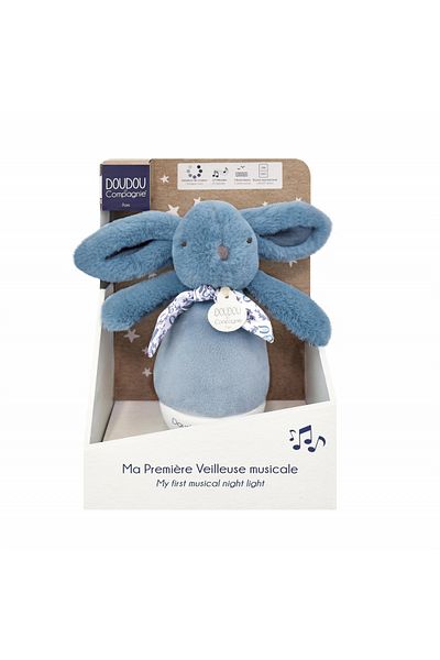 Doudou et Compagnie Fluffy bunny musical lamp, 16 cm, blue