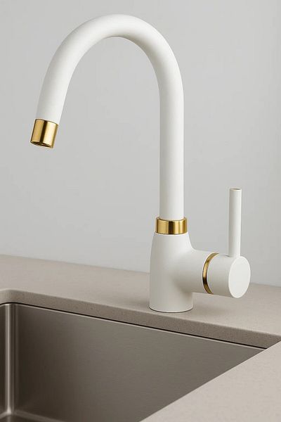 Melfa White Kitchen Faucet, Ceramic Cartridge, 7 Years Warranty Gold Detail