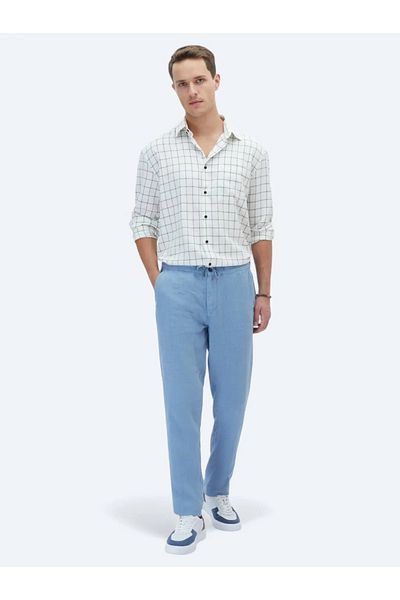 Kip Blue Woven Jogging Fit Casual 100% Linen Trousers