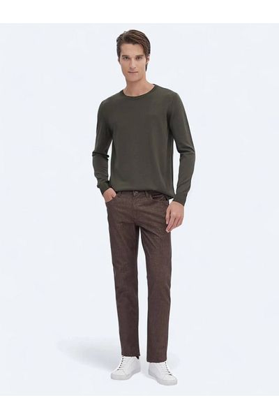 Kip Brown Woven Slim Fit Casual Cotton Blend Trousers