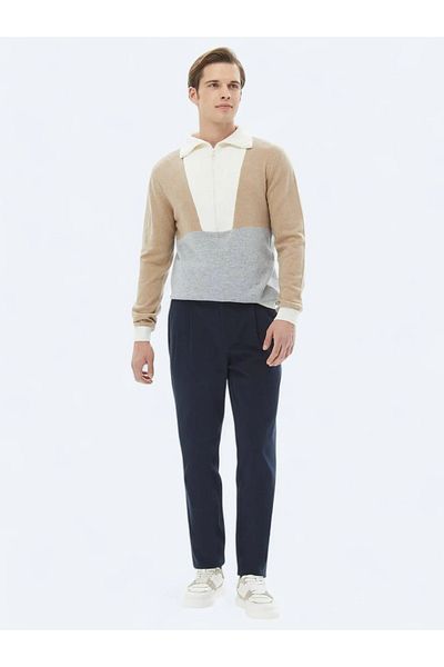 Kip Navy Blue Woven Carrot Fit Casual Cotton Blended Pants