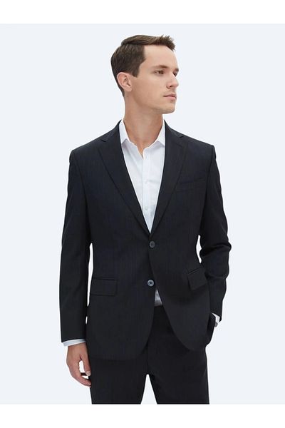 Kip Black Striped Modern Fit Wool Blended Suit