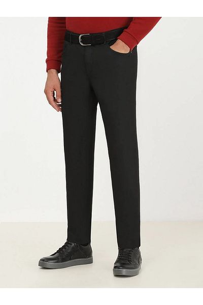 Kip Black Plain Woven Fitted Fit Casual Cotton Blended Trousers