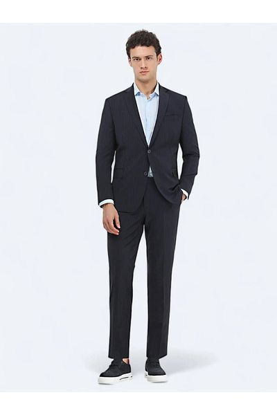 Kip Navy Blue Striped Regular Fit Wool Blended Suit