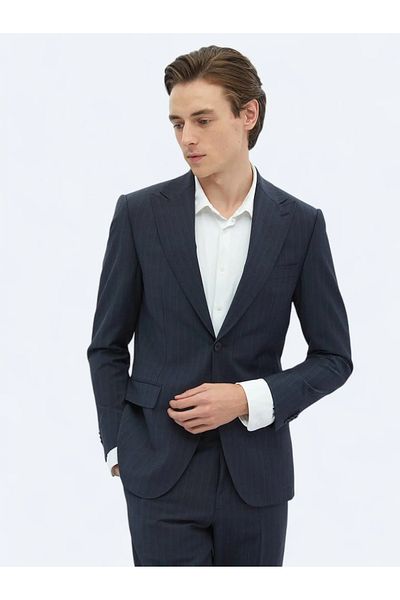 Kip Light Navy Blue Striped Modern Fit Wool Blended Suit
