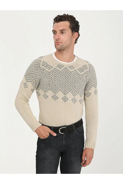 Kip Beige Crew Neck Patterned Wool Blended Sweater Sweater