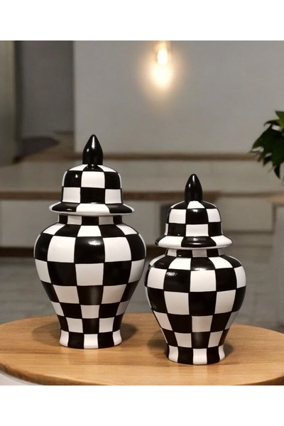 VERA HOME DECOR Santre, Seramik El boyaması, Dama desenli Dekoratif Şah küp, ...