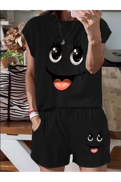 trend selection Happy Smiling Face Printed, Oversize, Women's Bottom and Top Set