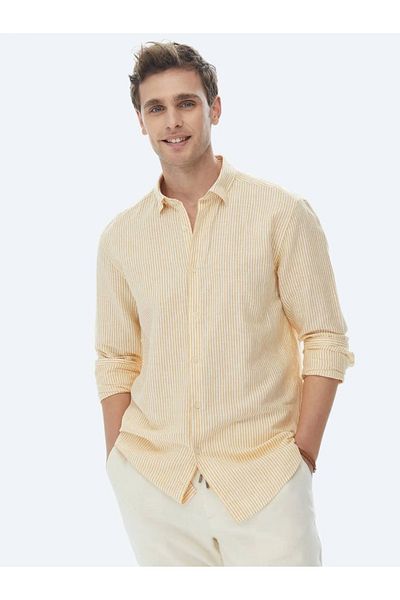 Kip Saffron Striped Cotton Blend - Regular Fit Casual Shirt