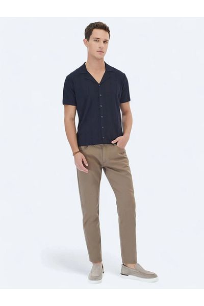 Kip Hazelnut Plain Weave Slim Fit Casual Cotton Blend Trousers