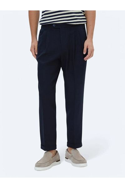 Kip Navy Blue Woven Carrot Fit Casual Trousers