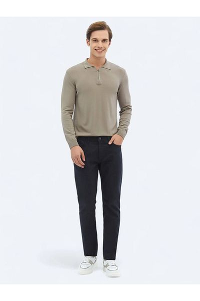 Kip Navy Blue Woven Slim Fit Casual Cotton Blend Trousers