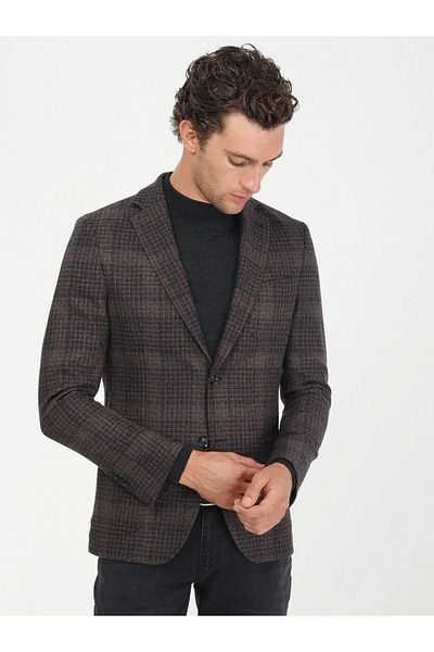 Kip Brick Check Modern Fit Wool Blend Jacket