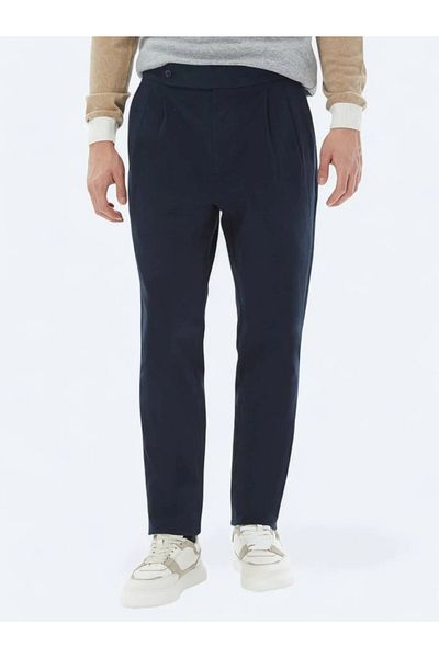 Kip Navy Blue Woven Carrot Fit Casual Cotton Blended Pants