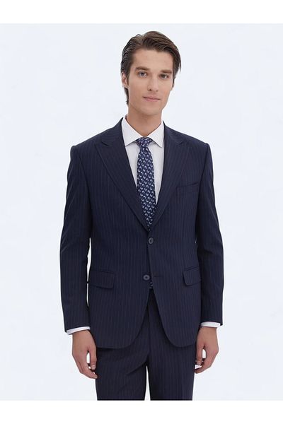 Kip Navy Blue Striped Regular Fit Eco-Friendly Suit