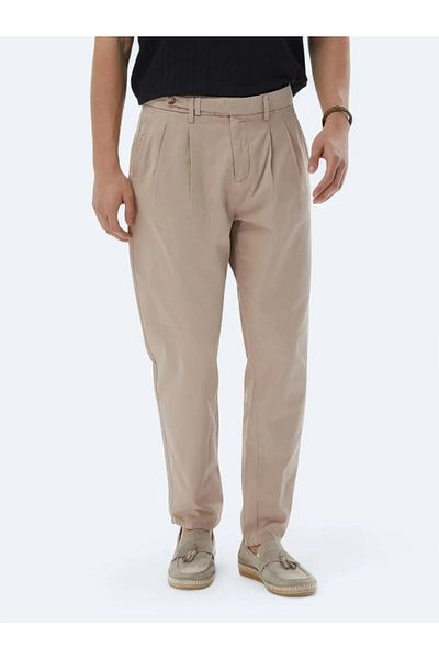 Kip Light Brown Woven Carrot Fit Smart Casual 100% Cotton Trousers