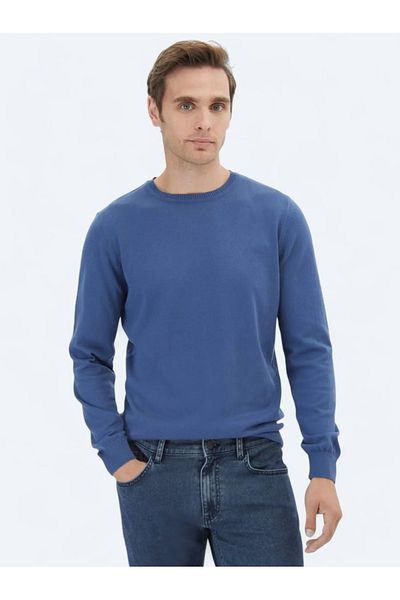 Kip Indigo Crew Neck Plain Knit Cotton Blend Sweater