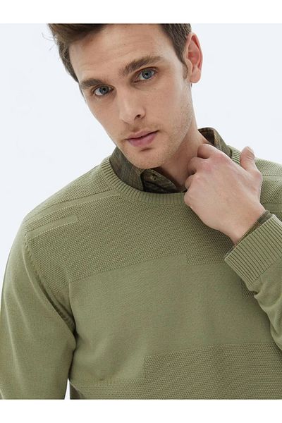 Kip Light Green Crew Neck Jacquard Wool Blended Knitwear Sweater