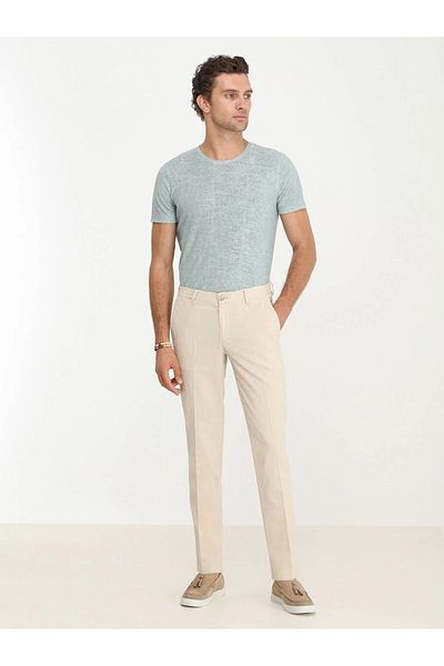 Kip Beige Woven Slim Fit Casual Cotton Blend Trousers