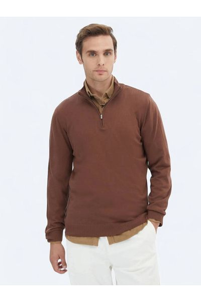 Kip Brown Half Turtleneck Patterned Cotton Blend Knitwear Sweater