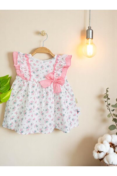 çilek bebe Kız Bebek %100 Pamuklu Çiçek Desenli Omzu Fırfırlı Elbise