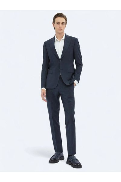 Kip Light Navy Blue Striped Modern Fit Wool Blended Suit
