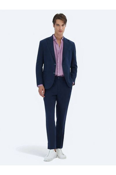 Kip Navy Blue Plain Modern Fit 100% Linen Suit