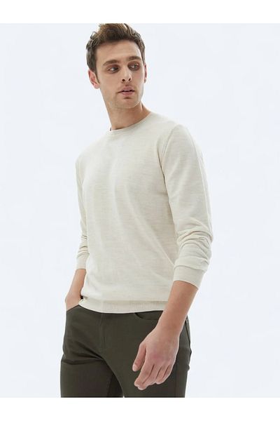 Kip Beige Crew Neck Plain Knit Wool Blended Sweater