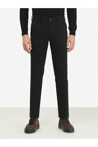 Kip Black Plain Weave Slim Fit Smart Casual Cotton Blend Trousers