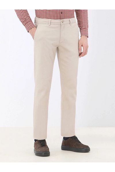 Kip Beige Plain Woven Regular Fit Casual Cotton Blended Trousers