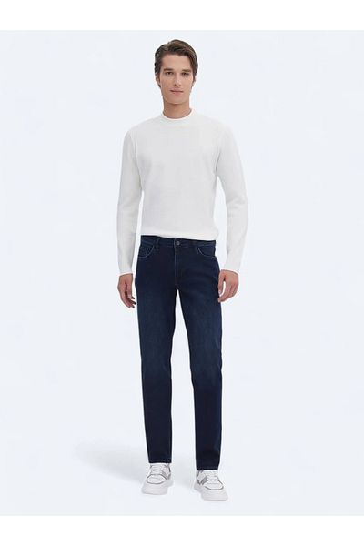 Kip Navy Blue Slim Fit Denim-Cotton Blend Trousers