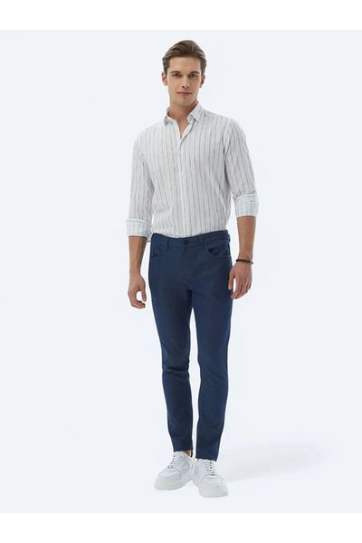 Kip Navy Blue Woven Slim Fit Casual Cotton Blend Trousers