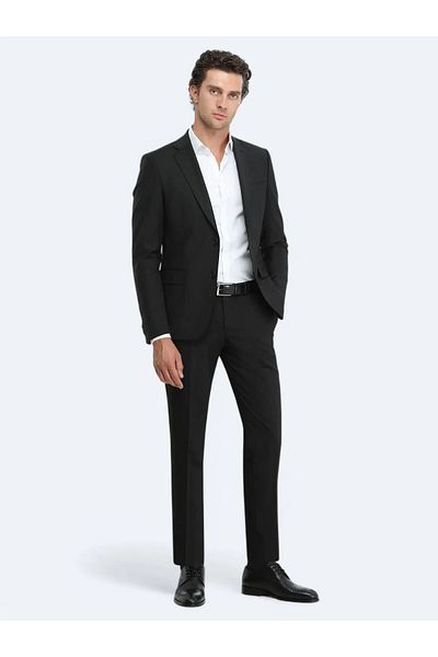 Kip Black Plain Modern Fit Wool Blend Suit