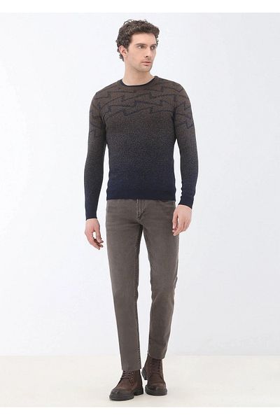 Kip Brown Crew Neck Patterned Wool Blended Sweater