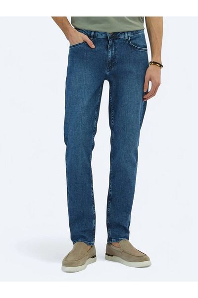 Kip Medium Blue Slim Fit Eco-Friendly Denim Cotton Blended Pants