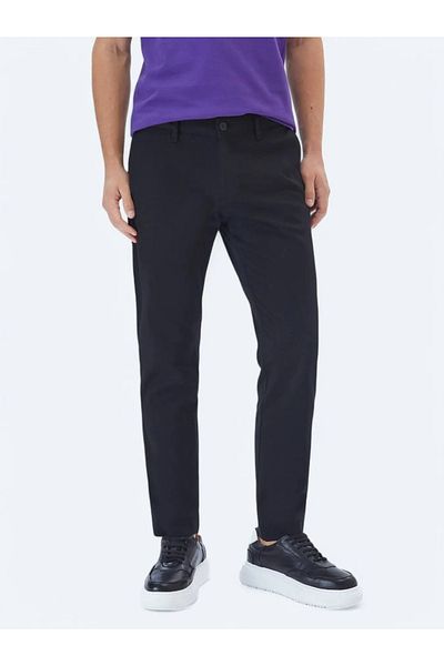Kip Black Plain Weave Regular Fit Casual Cotton Blend Trousers